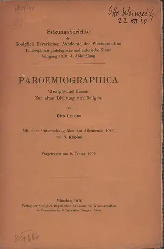 Crusius, Otto: Paroemiographica. Textgeschichtliches zur alten Dichtung und Religion. 