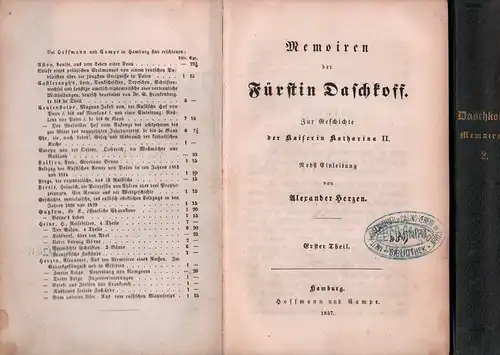 Daskova, Ekaterina Romanovna: Memoiren der Fürstin Daschkoff. Zur Geschichte der Kaiserin Katharina II. Nebst Einleitung von Alexander Herzen. (Hrsg. u. mit einer Einleitung von M. Bradford) 2 Bde. (= komplett). 