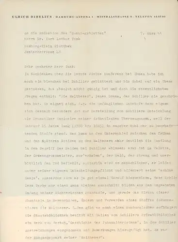 Dibelius, Ulrich: Maschinenschriftlicher Brief. An die Redaktion des "Sonntagsblattes", Herrn Dr. Kurt Lothar Tank. 