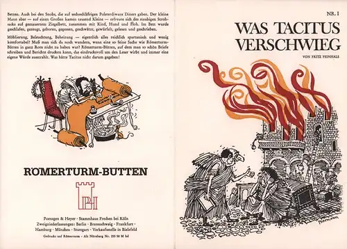Feinhals, Fritz: Was Tacitus verschwieg. [Werbeblätter für Römerturm-Bütten]. 