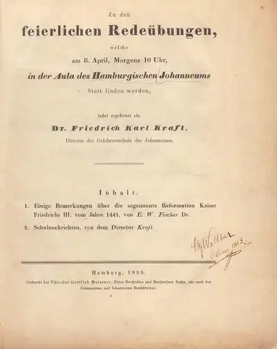 Fischer, E. W: Einige Bemerkungen über die sogenannte Reformation Kaiser Friedrichs III. vom Jahre 1441. IN: (Schulnachrichten des Hamburgischen Johanneums über das Schuljahr 1857/1858), S. 1-37. 