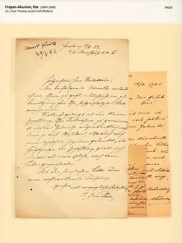 Frapan-Akunian, Ilse (1849-1908), Schriftstellerin: Eigenhändiger Brief mit Unterschrift "I. Fra Pan". Mit schwarzer Tinte in deutscher Kurrentschrift. Hamburg, 1882. 