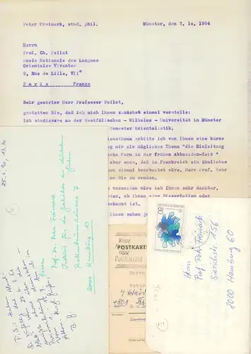 Freimark, Peter.: Kleines Autographenkonvolut, enthaltend einen Brief von Peter Freimark (als Durchschlag) und 4 handgeschriebene Briefe bzw. Karten an den Autoren und Orientalisten. Aus den Jahren 1964-1994. 