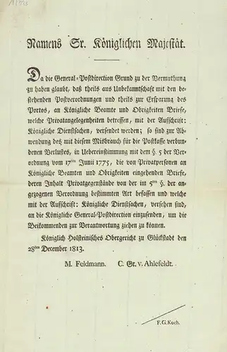 [Mandat betreffs Bekämpfung mißbräuchlicher Freimachung von an behördliche Stellen addressierte Schreiben], Friedrich VI., König von Dänemark