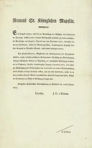 Friedrich VI., König von Dänemark: [Bekanntmachung betreffs Stellenbewerbung als Prediger]. 