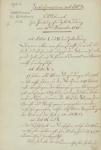 Gesetzentwurf: Handgeschriebener Nachtrag(sentwurf) zur Hamburger Zollordnung. Additament zur Hamburgischen Zoll-Ordnung vom 16ten December 1816. Subadjunctum sub litt. A. 