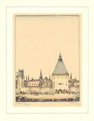 Altes Stadttor in Rostock. Handkolorierte Lithographie (Feder und Kreide), von Hand bezeichnet, signiert und datiert, Gröning, Karl