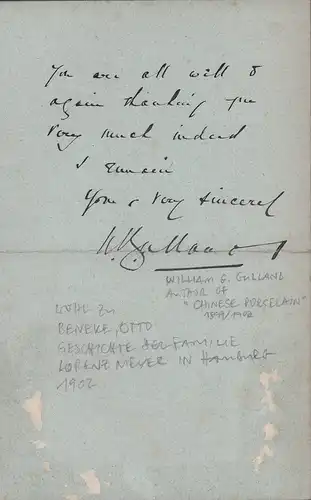 Gulland,  William Giuseppe (1842-1906), engl. Kaufmann u. Sammler: Eigenhändige Briefkarte mit Unterschrift "W. Gulland". Brighton, 9. Feb. 1903. 