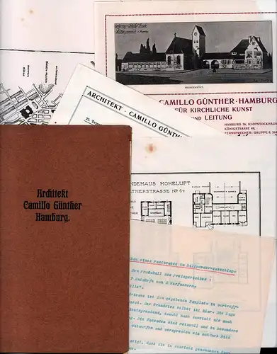 Günther, Camillo: Konvolut zum Hamburger Architekten Camillo Günther. 1 handschriftlicher Brief auf gestaltetem Briefbogen und 21 Sonderdrucke, Abbildungen von geplanten und ausgeführten Bauten, geduckten Werbekarten. 