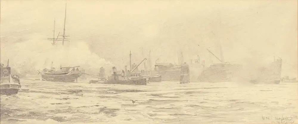 Hafen im Winter. Bleistiftzeichnung von Hermann Haase, unten rechts im Bild monogrammiert u. bezeichnet, Haase, Hermann 0