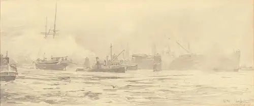 Hafen im Winter. Bleistiftzeichnung von Hermann Haase, unten rechts im Bild monogrammiert u. bezeichnet, Haase, Hermann