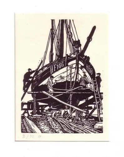 Fischkutter im Dock. Holzschnitt vom Originalstock, Helms, Paul