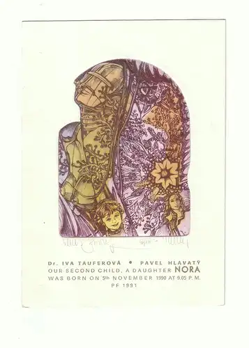 Anzeige zur Geburt seines zweiten Kindes. Pochoirkolor. Radierung, Hlavatý, Pavel