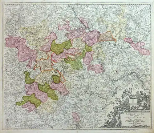 Mosellae Fluminis Tabula Specialis in qua Archiepiscopatus et Electoratus Trevirensis in suas Praefecturas accuratè divisus ut et Eyfaliae Tractus osten ditur Sumtibus Ioh. Baptistae Homanni.. 