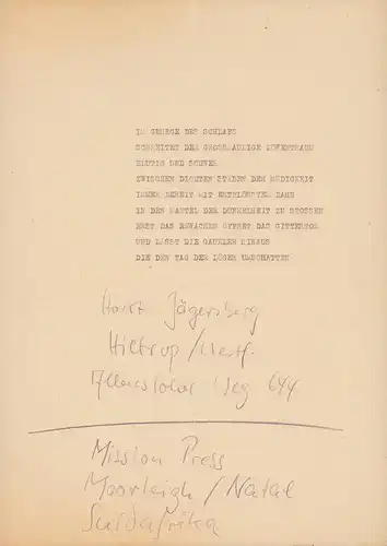 Jägersberg, [Horst] Otto (geb. 1942; dt. Schriftsteller, Theaterdramaturg, Filmemacher): Masch. Gedicht mit eigenh. Namenszug u. Adressangabe (Bleistift). 