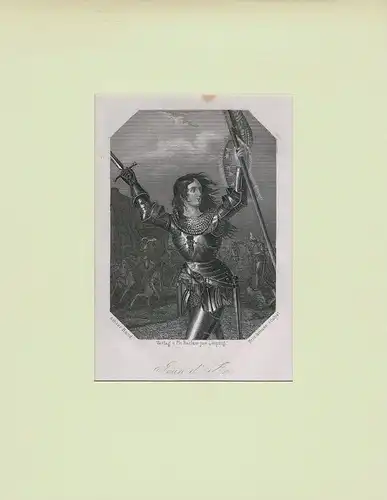 PORTRAIT Jeanne d'Arc. (um 1412 Domremy - 1431 Rouen). Kniestück im Halbprofil. Stahlstich von Brinckmann, Jeanne d'Arc