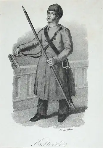 Nachtwächter. Kreidelithographie, auf dem Stein signiert, Jessen, Heinrich