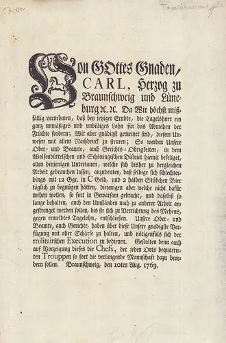 Karl I., Herzog zu Braunschweig-Lüneburg: [Verordnung betreffs Überbezahlung von Erntehelfern / Saisonarbeitern]. 