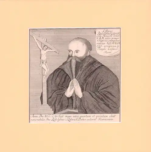 PORTRAIT Rudolphus Katwick. (gestorben 1566, Theologe). Halbfigur im Dreiviertelprofil. Kupferstich, Katwick, Rudolf