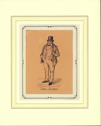 PORTRAIT "Vetter Kirchhof". (1780 Hamburg - 1842 ebda., Leinenmakler). Ganzfigur im Dreiviertelprofil. Kolor. Federlithographie nach Chr. Suhr, Kirchhoff, Jakob Friedrich