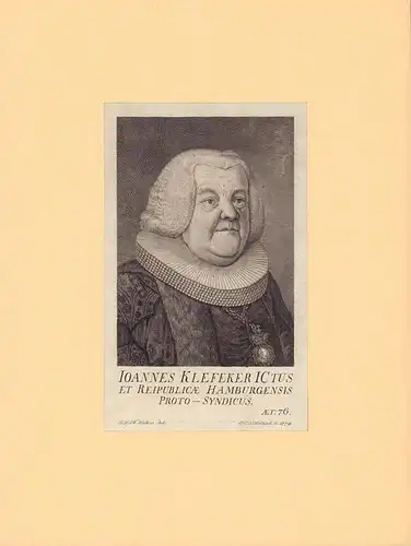 PORTRAIT Johannes Klefeker. (1698 Hamburg - 1775 ebda, Jurist und Diplomat). Schulterstück im Dreiviertelprofil. Mont. Kupferstich v. J. C. G. Fritsch nach J. F. H. Wehrs, Klefeker, Johannes