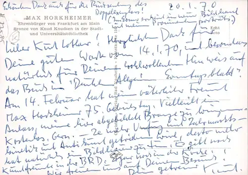 Knudsen, Knud: Eigenhändig beschriebene Foto-Postkarte an Kurt Lothar Tank. Datiert 20.1.70. 