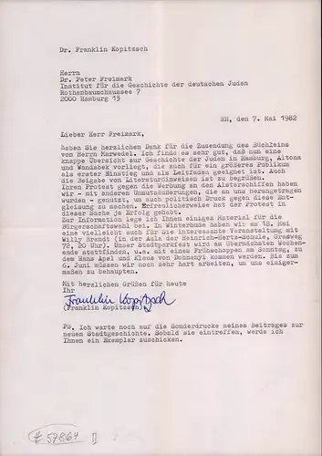 Kopitzsch, Franklin, Prof. Dr., dt. Historiker u. Politiker (geb. 1947): Maschinenschriftlicher Brief mit U. 