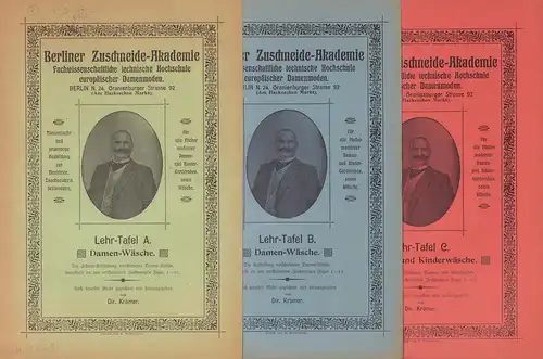 Krämer, [Carl]: Berliner Zuschneide-Akademie. LEHR-TAFEL A, B und C (= zusammen 3 Hefte): Damen-Wäsche / Damen- und Kinderwäsche. Nach neuester Mode gezeichnet und hrsg. 