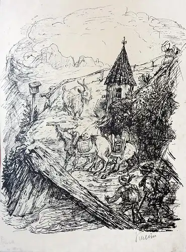 Transport im Gebirge. Federlithograpie, Kubin, Alfred