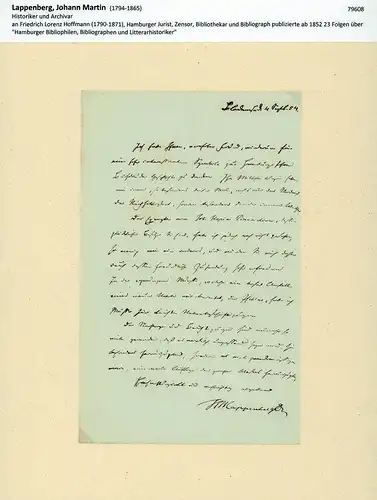 Lappenberg, Johann Martin (1794-1865), Historiker und Archivar: Eigenhändiger Brief mit Unterschrift. Mit schwarzer Tinte auf dünnem Schreibpapier mit Wasserzeichen-Prägestempel (Superfine Paper Bath mit Krone). Blankenese d. 4. Sept. 1854. 