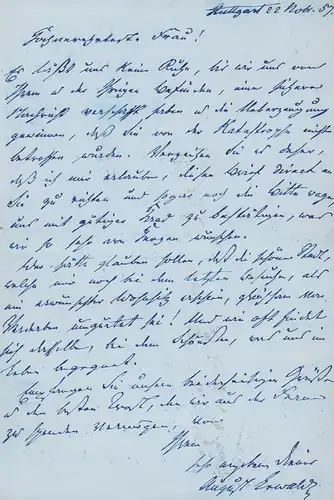 Lewald, August (1792-1871), deutscher Schriftsteller u. Theaterdirektor: Eigenhändiger Brief mit Unterschrift. Mit blauer Tinte in deutscher Kurrentschrift geschrieben. Stuttgart 22 Nobr. [18]57. 