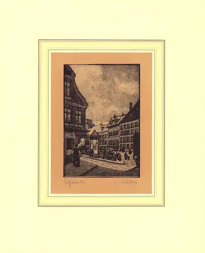 Lüdders, H. [Hinrich?]: Fischmarkt [Hamburg]. Aquatintaradierung von H. Lüdders, auf Karton montiert. Im weißen Rand mit Bleistift bezeichnet u. signiert, in der Platte monogrammiert. 