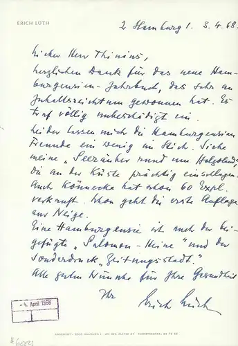 Lüth, Erich: Handschriftlicher Brief an den Hamburgensien-Sammler und Schriftsteller Carl Thinius, datiert 3.4.1968. 