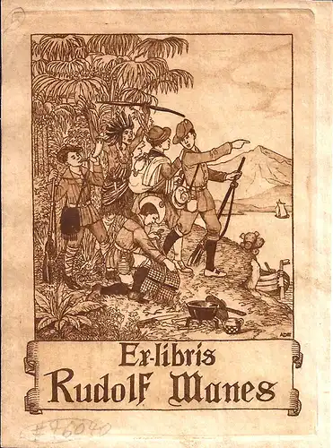 Manes, Rudolf.: EXLIBRIS Rudolf Manes. Aquatinta von Mathilde Ade. Auf der Platte signiert. 