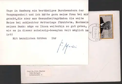 Martini, Fritz, Germanist u. Literaturwissenschaftler (1909-1991): Masch. Briefkarte mit eigenh. U. [Stuttgart,] 2.1.1978. 