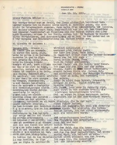 Mayer, Wilhelm, deutsch-peruanischer Kaufmann (1912-1993): Maschinenschriftlicher Brief mit eigenhändigem Gruß und Unterschrift. Huancayo, Peru, Casilla 284, den 15.10.1961. 