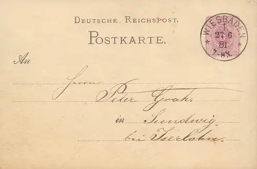 Mimi [Grah]: Hs. Postkarte mit Unterschr. Wiesbaden, 27. Juni 1881. 