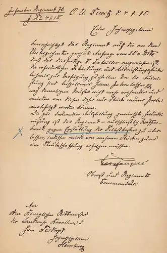 Motte-Fouqué, Friedrich de la (1843-1921), Kgl. Preußischer Generalmajor: Hs. Brief mit eigenh. Unterschrift. Infanterie-Regiment 76. J. No. 461 IV. /. 