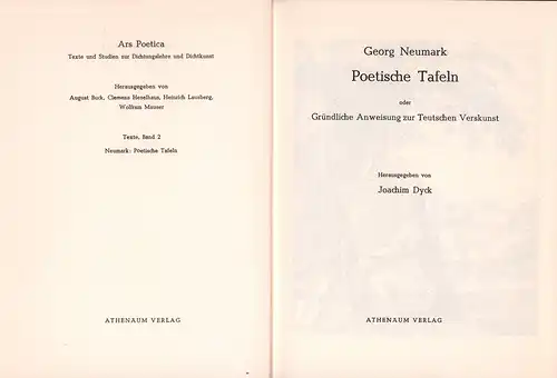 Neumark, Georg: Poetische Tafeln oder Gründliche Anweisung zur Teutschen Verskunst. [REPRINT der Ausgabe Jena 1667]. Hrsg. von Joachim Dyck. 