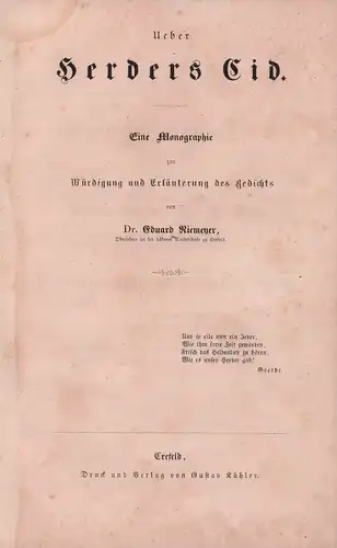 Niemeyer, Eduard: Ueber Herders Cid. Eine Monographie u. Erläuterung des Gedichts. 