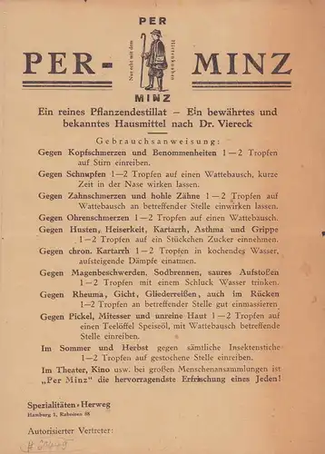 Per Minz [Werbezettel]: Ein reines Pflanzendestillat. Ein bewährtes und bekanntes Hausmittel nach Dr. Viereck. (Nur echt mit dem Hirtenknaben). 