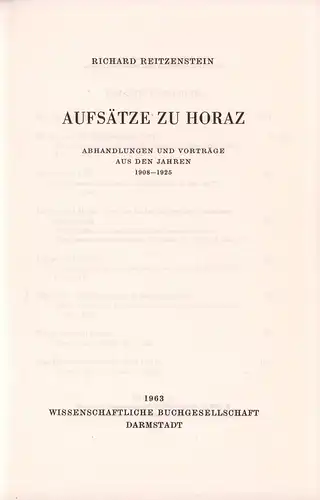 Reitzenstein, Richard: Aufsätze zu Horaz. Abhandlungen und Vorträge aus den Jahren 1908-1925. 