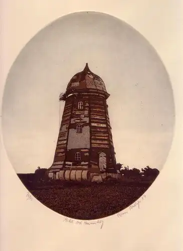 Mühle bei Hammenhög. Aquatintaradierung von ovaler Plattein Dunkelbraun, Rostbraun  u. Weiß, Riediger, Reimer