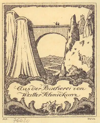 EXLIBRIS. "Aus der Bücherei von Walter Schmidkunz". Hochdruck vom Zinkklischee, im Druck signiert, Riedl, Josef
