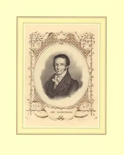 Sandtmann, Johannes.: PORTRAIT Johannes Sandtmann. (1789-1838, Arzt und Chirurg in Hamburg). Brustbild en face. Aufgewalzte Lithographie v. Conrad Kiesel mit oval bronzierter, floraler Umrankung.