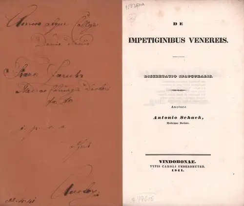 Schack, Anton.: De impetiginibus venereis. Dissertatio inauguralis. Auctore Antonio Schack, Medicinae Doctore. 