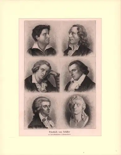 PORTRAIT Friedrich von Schiller. (1759 Marbach - 1805 Weimar, Dichter, Philosoph, Historiker). 6 Portraits in verschiedenen Lebensaltern (2-spaltig angeordnet, je ca. 6,5 x 6,5 cm). Radierung von Joh. Lindner, Schiller, Friedrich