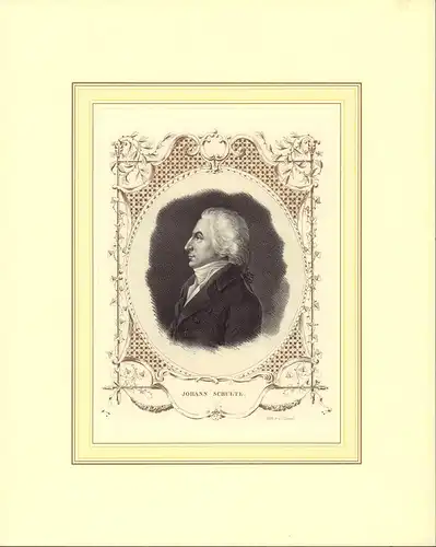 Schulte, Johann.: PORTRAIT Johann Schulte. (1751-1817, Geschäftmann und Richter, Hamburger Senator seit 1789). Brustbild, Profil nach links.  Aufgewalzte Lithographie v. Conrad Kiesel mit oval bronzierter, floraler Umrankung. 