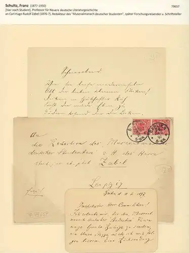 Schultz, Franz (1877-1950), Philologe, Germanist, Literaturhistoriker: Eigenhändige Karte mit Unterschrift u. Briefumschlag. Mit schwarzer Tinte beidseitig beschrieben. Berlin, d. 10.VI.1897. 