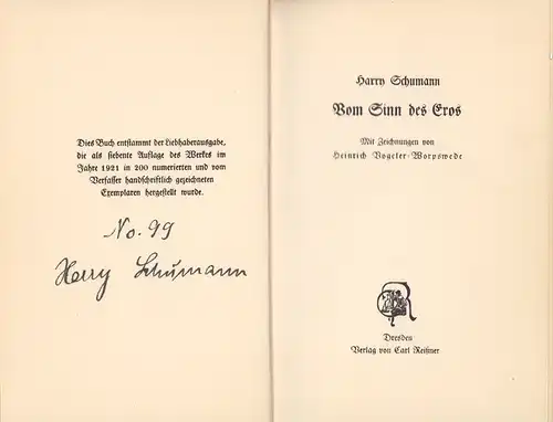 Schumann, Harry: Vom Sinn des Eros. Mit Zeichnungen von Heinrich Vogeler-Worpswede. (7. Tsd.). 